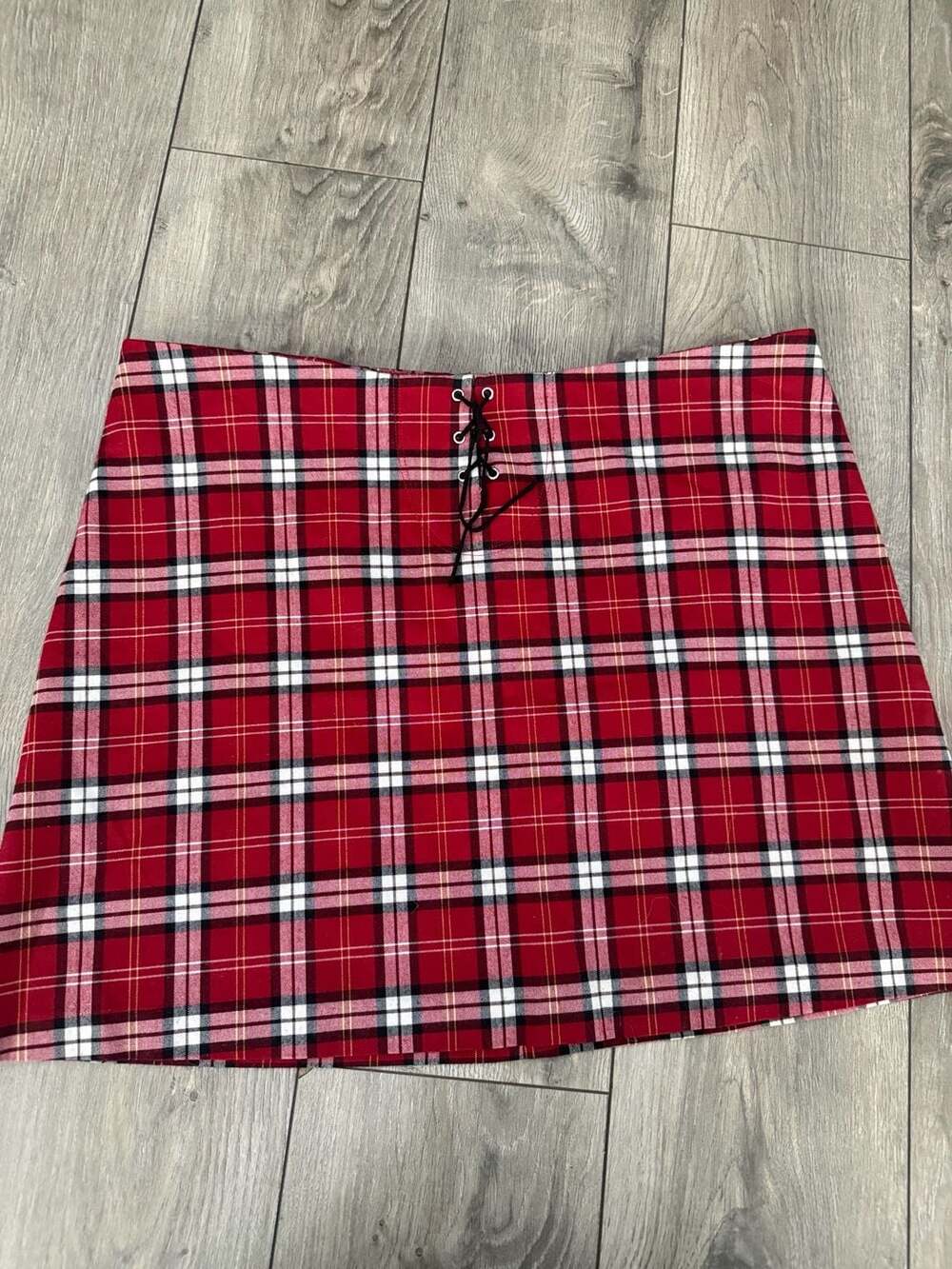 Red Plaid Laced Front Mini Skirt